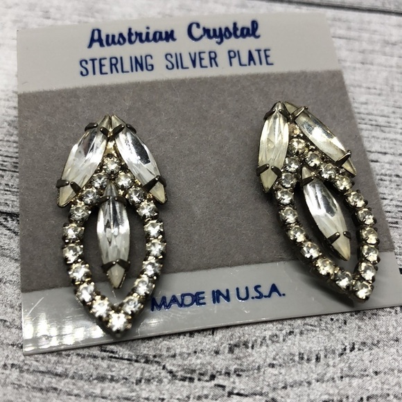 VINTAGE sterling plated crystal baguette earrings glam statement evening - Picture 5 of 5